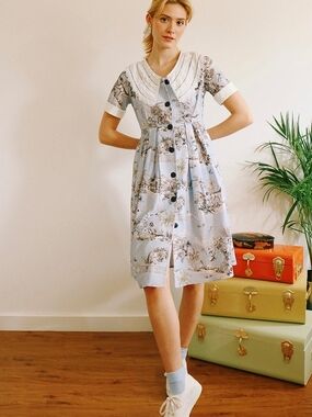 Beach Print Button Up Collar Dress